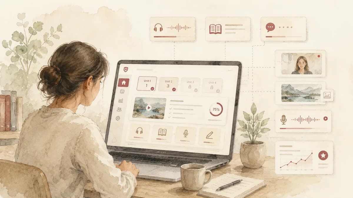 The Premium English Programme platform — a CEFR-levelled unit view across desktop and mobile